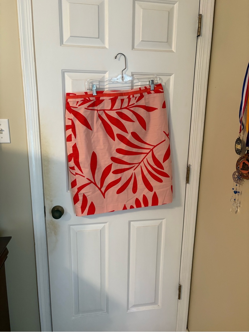 Boden Pink Skirt with Red Leaf Print